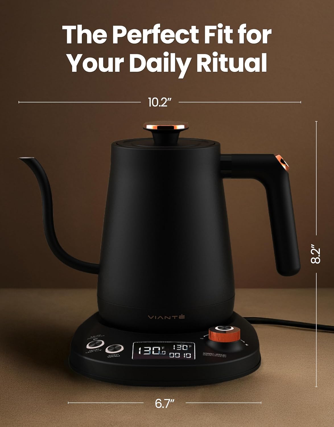 Viante Alba Electric Tea Kettle With Infuser, No Plastic, 1.5L | Borosilicate glass & 304 stainless steel construction. 4 temp presets, keep-warm, cordless, auto shut-off