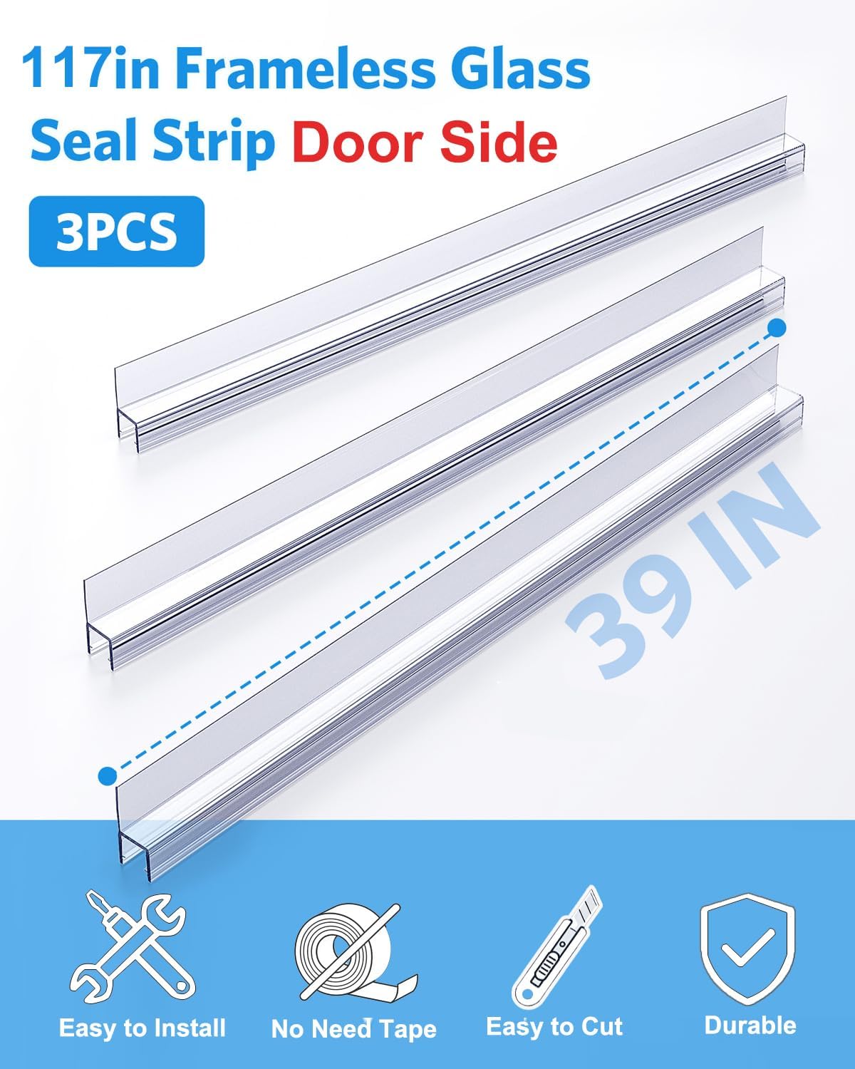 Delamu 3-Pack Shower Door Bottom Seal, 3/8''× 39'' Shower Door Sweep Strip | Shower Seal Strip for 3/8'' (10mm) Doors, Frameless Glass Shower Door Seal Strip Stop Shower Leaks and Create a Water Barrier