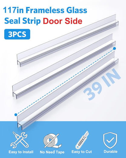 Delamu 3-Pack Shower Door Bottom Seal, 3/8''× 39'' Shower Door Sweep Strip | Shower Seal Strip for 3/8'' (10mm) Doors, Frameless Glass Shower Door Seal Strip Stop Shower Leaks and Create a Water Barrier