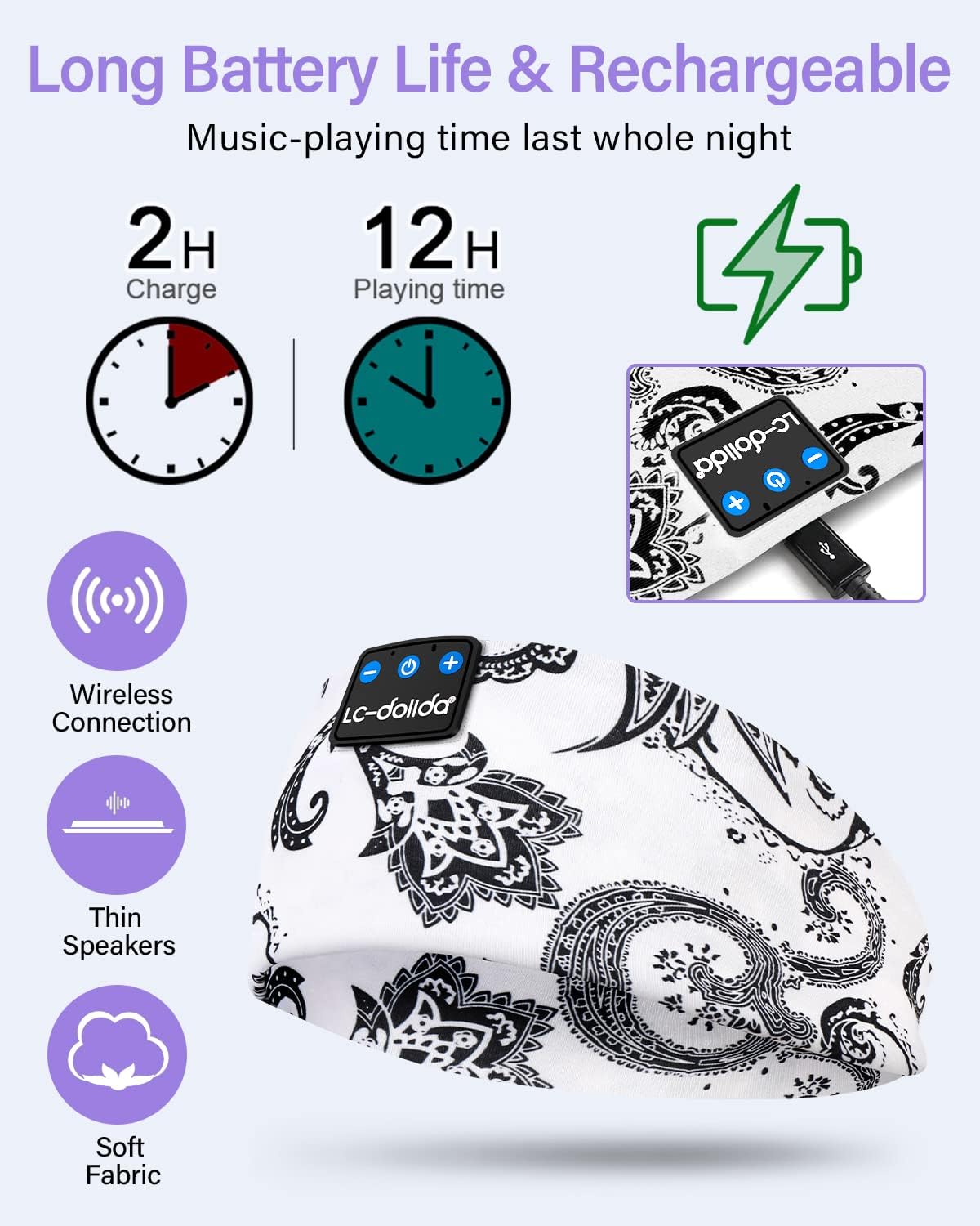 LC-dolida Sleep Headphones Bluetooth Headband Sleeping Wireless Headband Headphones with Thin HD Stereo Speakers Perfect for Side Sleepers, Sport, Yoga, Travel