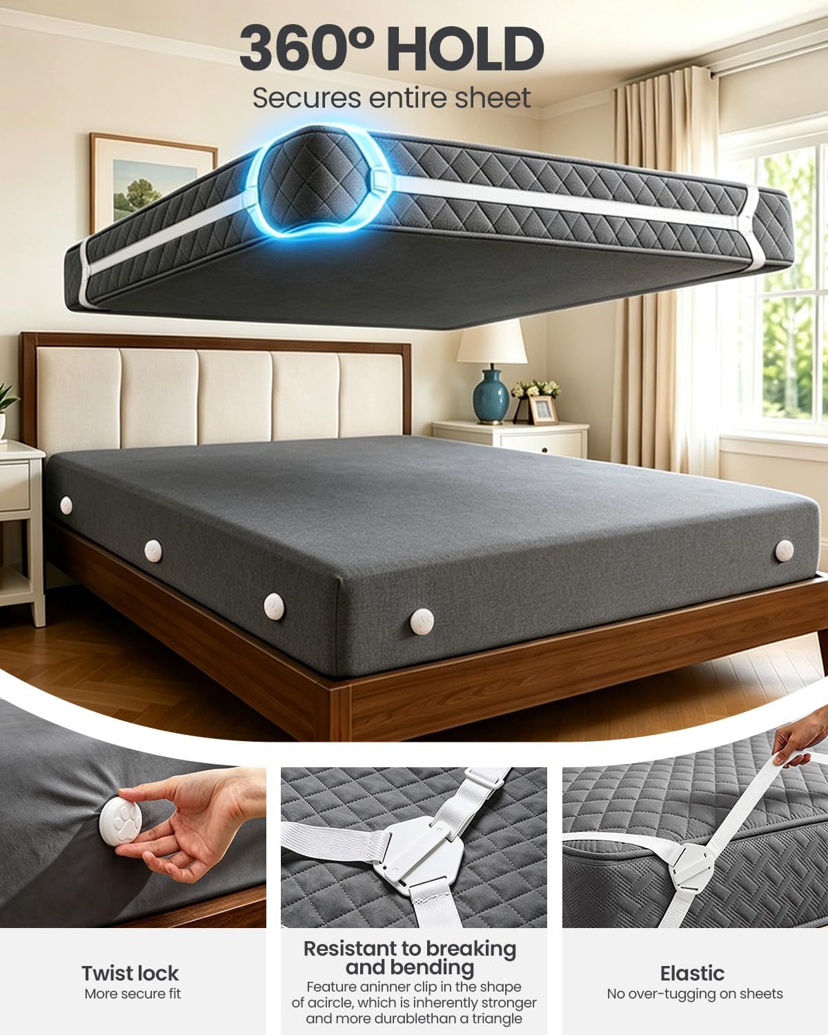 Bed Sheet Holders, Fitted Sheet Holder, 10 Twist-Locks, 360°Secure Fit