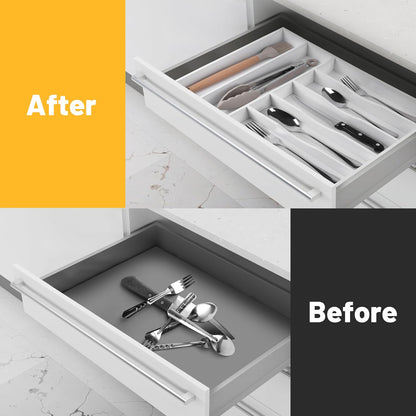 Expandable Bamboo Kitchen Drawer Organizer for Cutlery and Utensils, Adjustable Bamboo Wood Cutlery Tray in Drawer for Flatware and Silverware in Kitchen, (Natural)