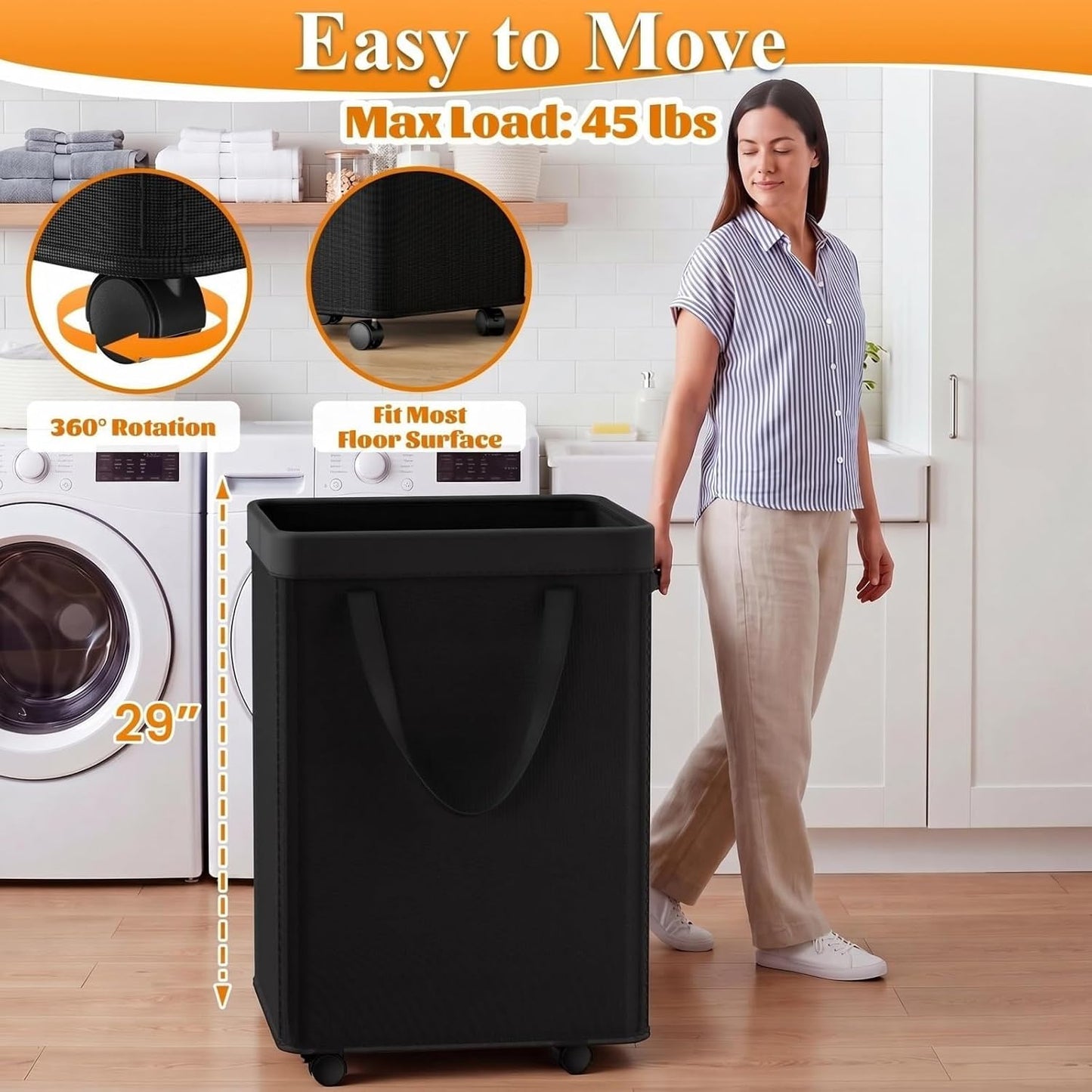 Optish Laundry Basket with Wheels, 90L Rolling Laundry Hamper with Wheels, Large Clothes Hamper on Wheel with Removable Mesh Bag for Bedroom, Dorm Room Essentials, Black