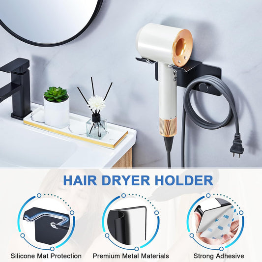 Hair Dryer Holder Wall Mounted, Blow Dryer Holder Adhesive, Metal Hairdryer Holder for Bathroom, Hair Tool Organizer with Plug&Cord for Cabinet Bathroom Bedroom Barber Shops (Rose Gold)