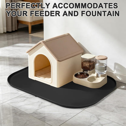 SMILOOL Waterproof Silicone Pet Food Mat with Raised Edge for Dog & Cat | 19" x 12" Non-Slip Pet Feeding Mats with Lip for Food & Water Bowl, Food Grade, Easy Cleaning, Black