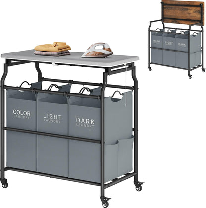 Hoctieon 3 Section Laundry Sorter with Iorning Board, Laundry Hamper, Black | Lockable Wheels, Laundry Basket Organizer with Wheels, Heavy Duty Clothes Organizer, Large Clothes Separator, Removable Bags