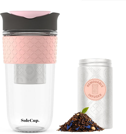 Large Travel Mug Loose Tea Infuser - Detachable Tea Strainer with Spill Proof Lid - 18oz/530ml BPA-Free Reusable Glass Travel Coffee Cup with Silicone Band (Ice Cream, 18oz)