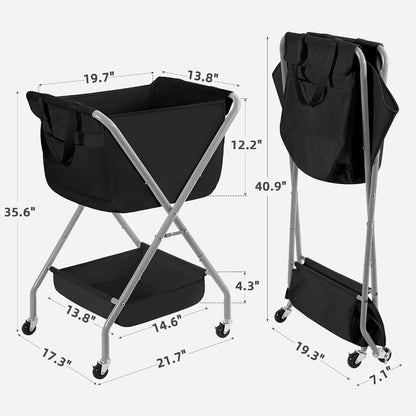 STORAGE MANIAC Collapsible Laundry Cart with Wheels 35.6"H Removable Canvas Bag Rolling Laundry Hamper Clothes Basket with Wheels, Sturdy Steel Frame Folding for Small Narrow Space Easy Storage, Beige