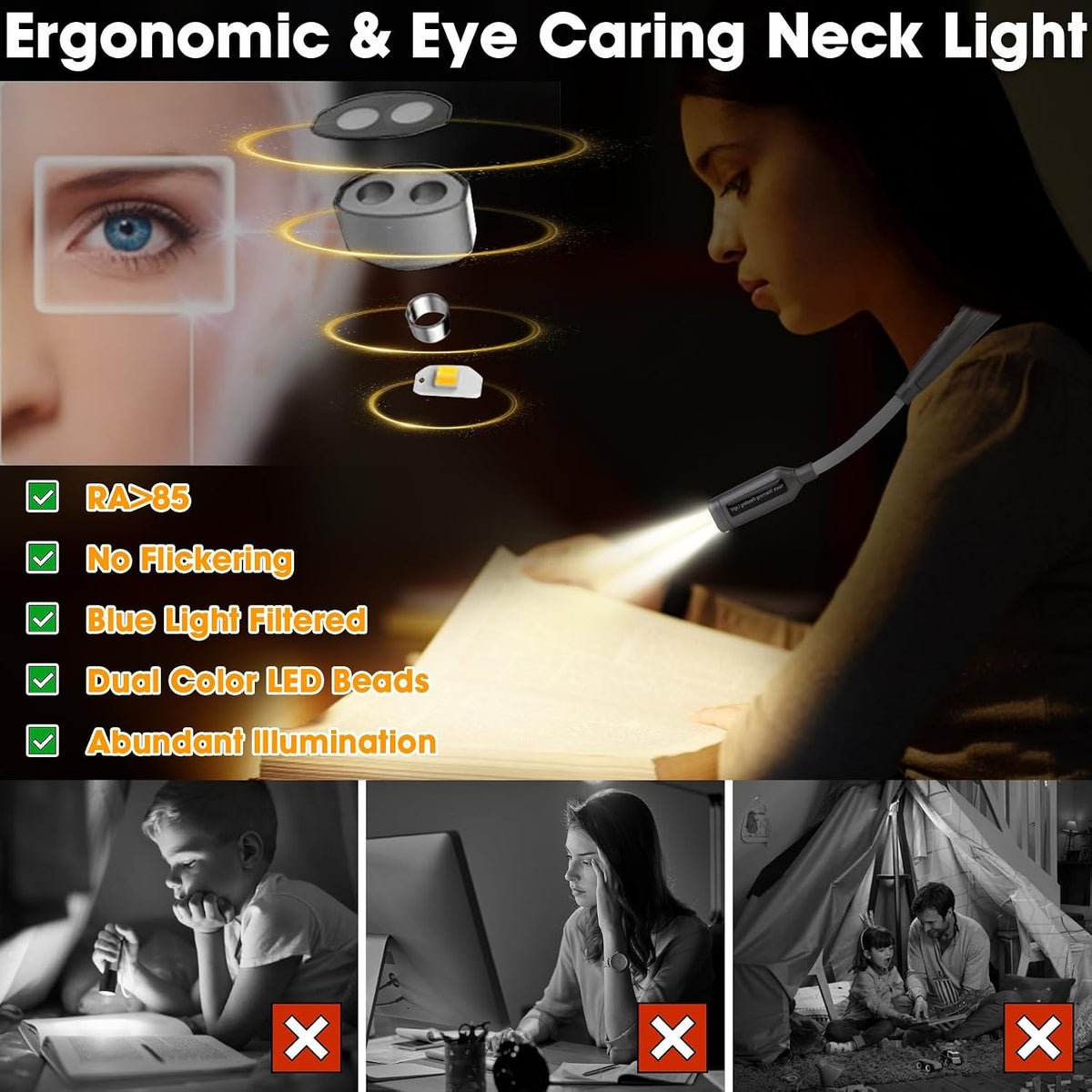 Neck Reading Light for Books in Bed, Book Lights for Reading at Night
