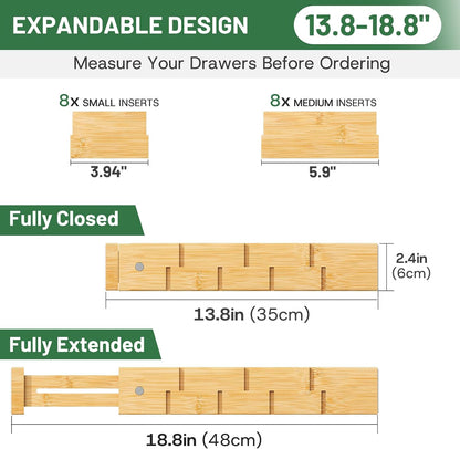 kiplant Kitchen Drawer Dividers - Adjustable Drawer Organizer for Clothes, Kitchen, Closet & Office - 8 Pack with Inserts, 18-22.6 Inches, Non-Slip Silicone Ends