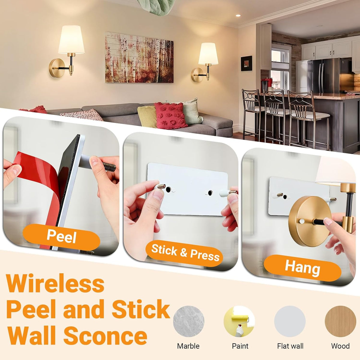 Nekhung Battery Operated Wall Sconce, Peel and Stick Sconces Set of 2
