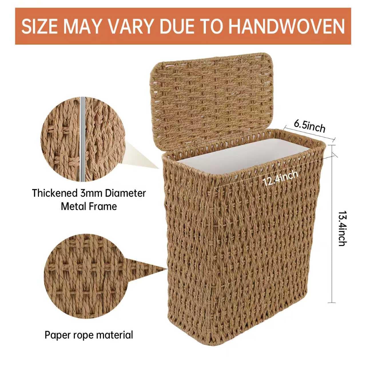 Coeusy 3 Gallon Wicker Trash Can,Small Bathroom Trash Can with Lid,Natural Water Hyacinth Wicker Waste Basket for Bedroom,Toilet,Narrow Garbage Can with Removable Liner