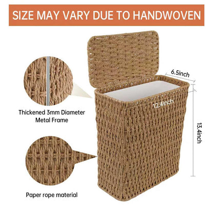 Coeusy 3 Gallon Wicker Trash Can,Small Bathroom Trash Can with Lid,Natural Water Hyacinth Wicker Waste Basket for Bedroom,Toilet,Narrow Garbage Can with Removable Liner