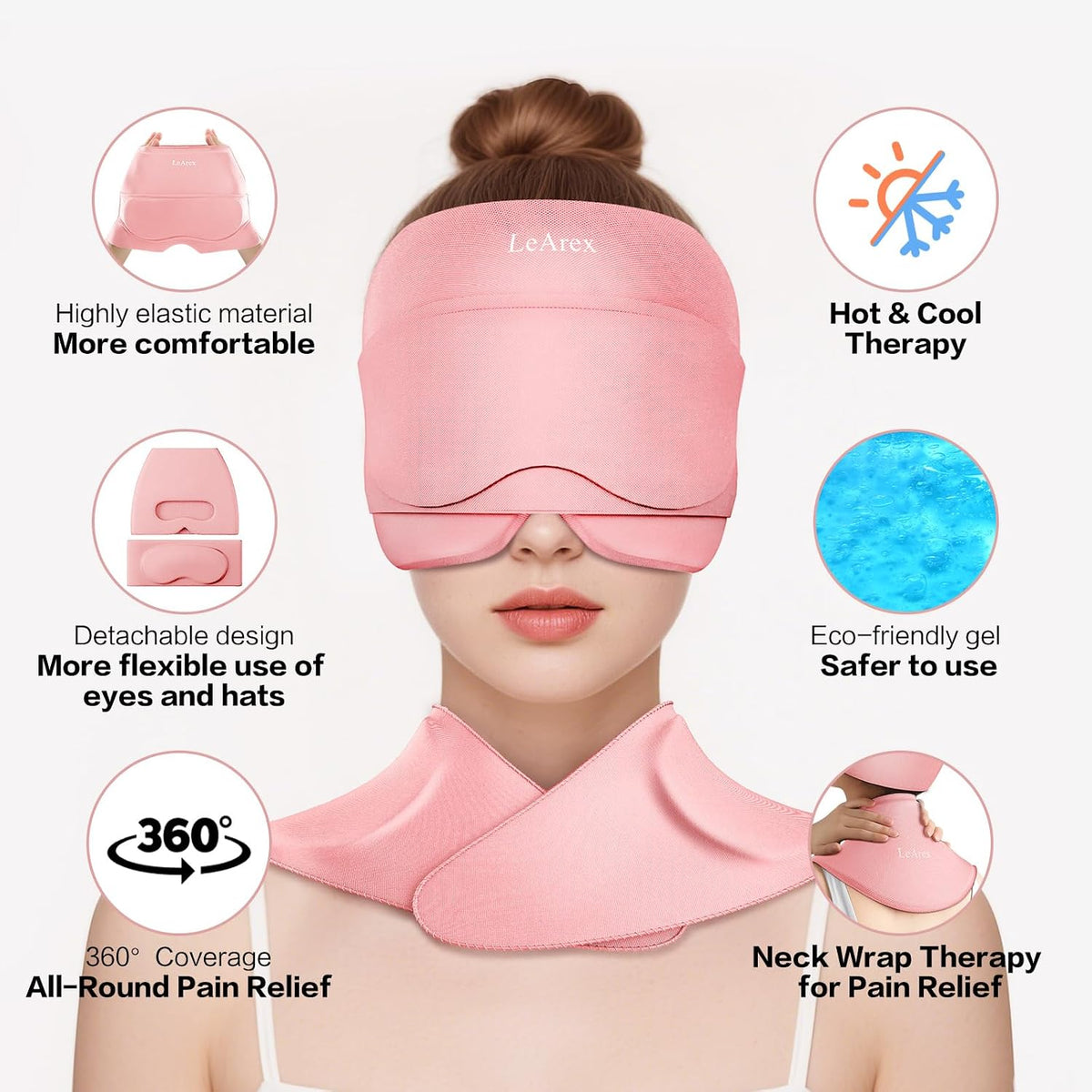 3 in 1 Migraine Relief Cap Neck Ice Pack Wrap Gel and Ice Eye Masks, Detachable Ice Caps with Eyes Masks, Hot and Cold Therapy for Relief of Headaches, Stiff Neck and Eye Fatigue (Purple)