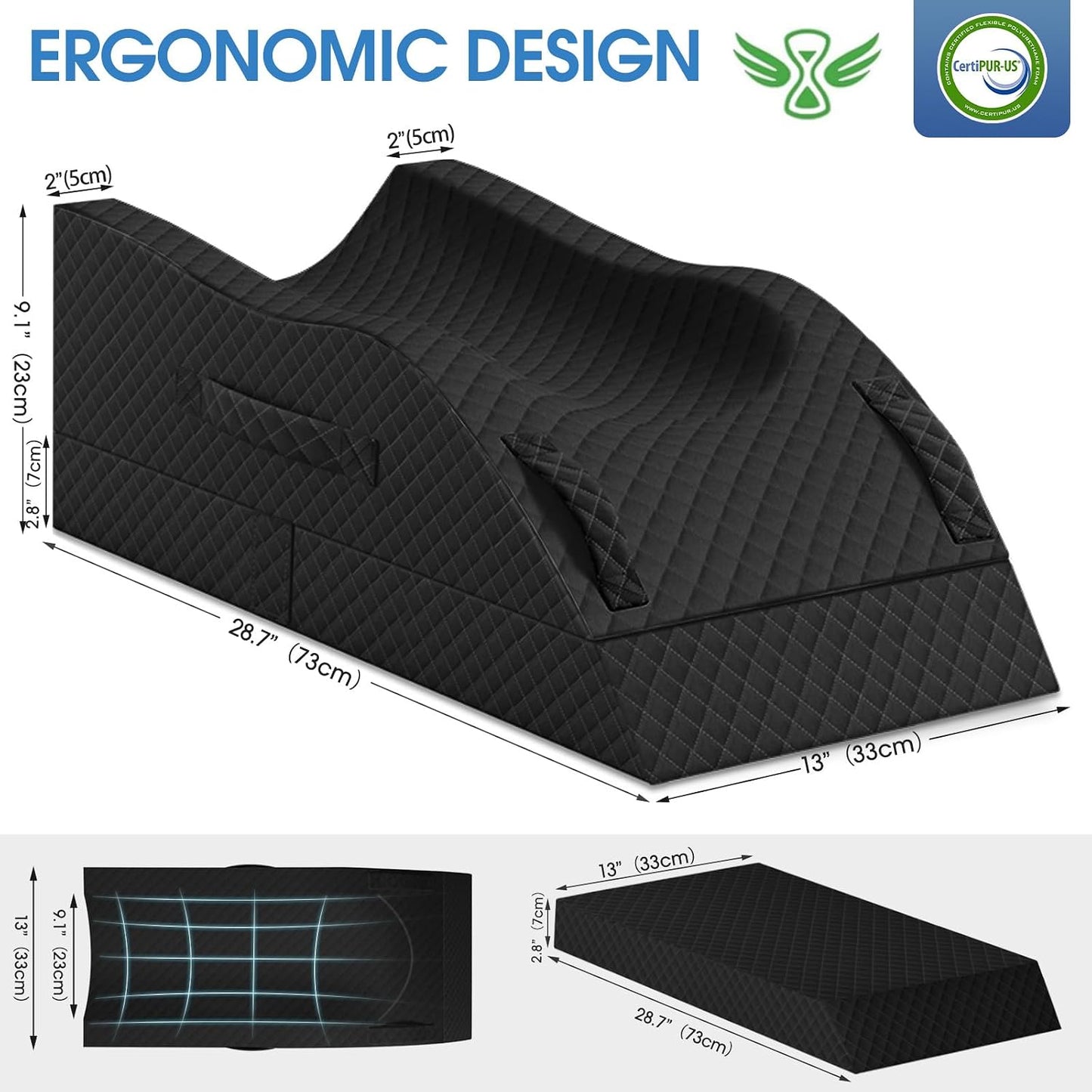 TranquilRelax Leg Elevation Pillows for After Surgery, Wedge Pillow, Grey | Memory Foam, All-around Knee & Ankle Support for Swelling, Height-adjustable, Nop-Slip Bottom, Washable Cover, Single-leg