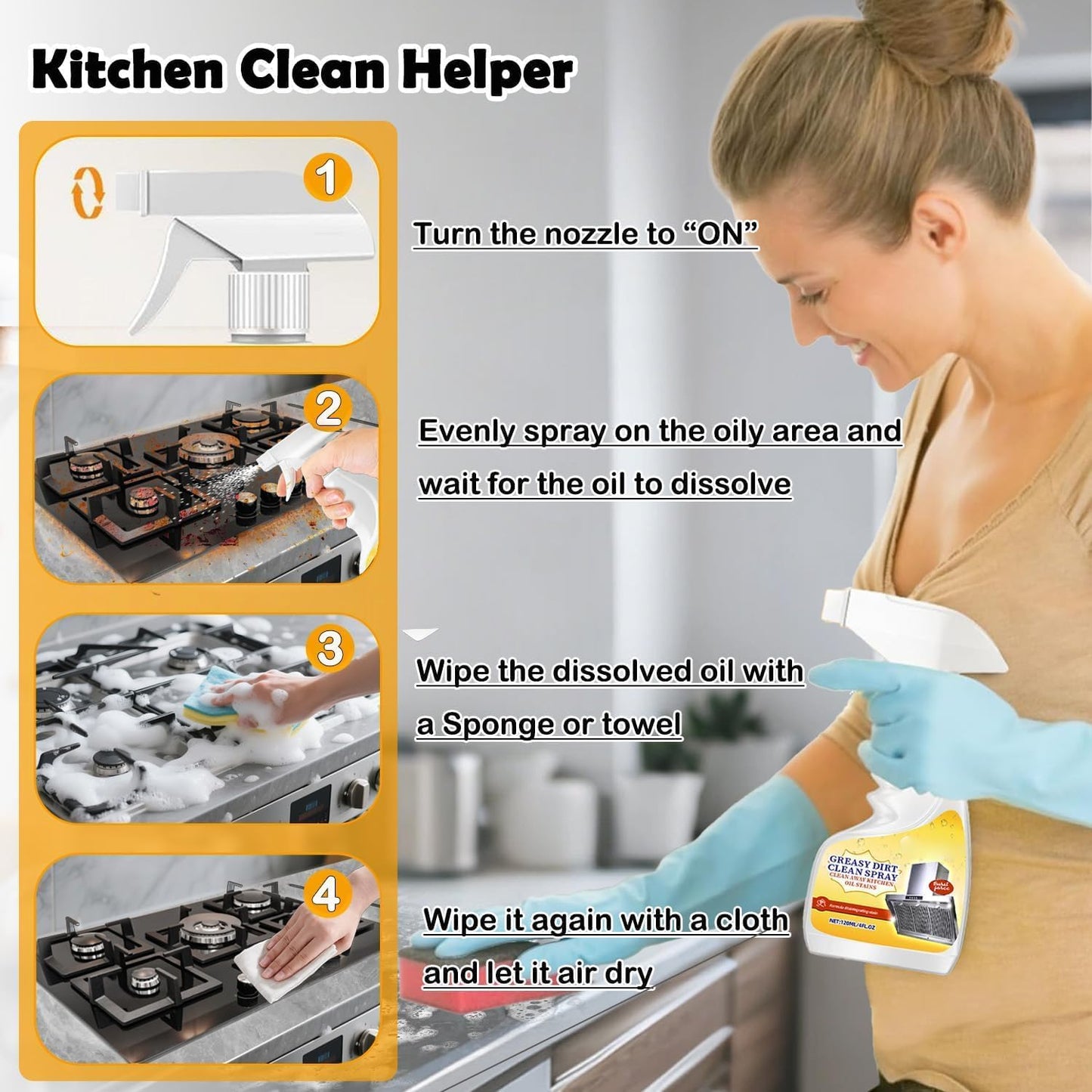 Heavy-Duty Degreaser, Oven & Stove Top Cleaner, Remove Kitchen Stubborn Grease & Grime for Rang Hood, Grill, Pot Cleaning -120ml/4Fl.Oz