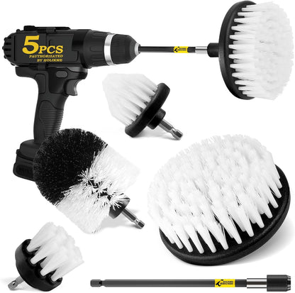 Holikme 5Pack Drill Brush Set with Extension for Car & Bath Detailing | 4 nylon scrub brushes,white,Power scrubber kit for Bathroom Surfaces, Grout, Floors, bathtubs, Tiles, Kitchen and Car