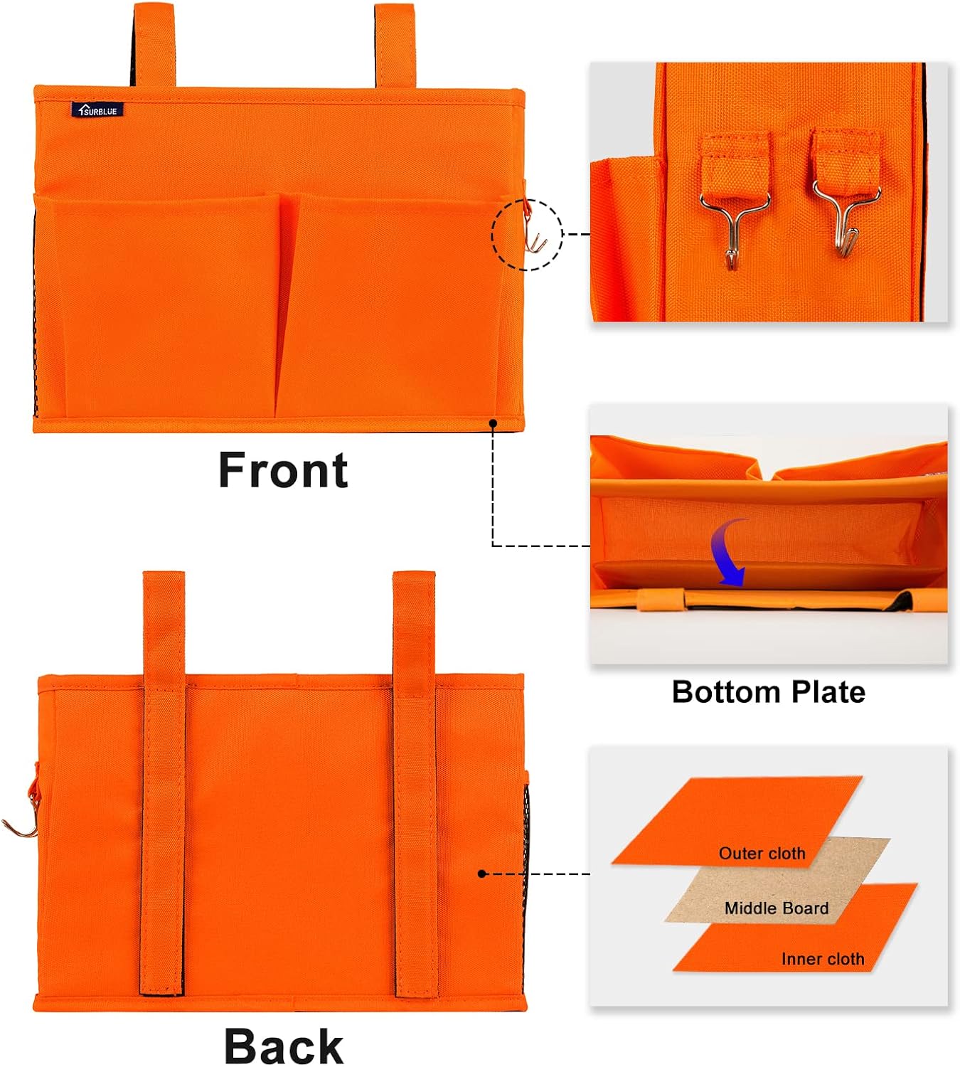 Surblue Bedside Caddy Hanging Organizer Storage Bag Pocket for Bunk, Hospital, College Dorm Rooms, Baby Bed Rails, Camp - 4 Pockets, 2 Hooks (Blue)