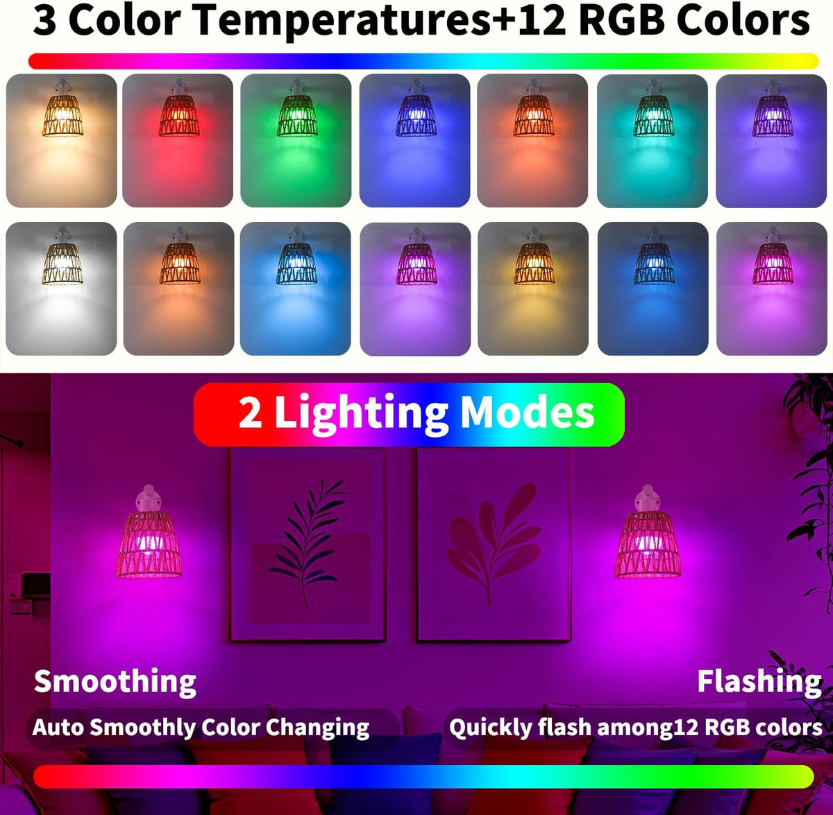Boho Battery Operated Wall Sconces, Rattan Wall Sconce Set of 2 with Remote, RGB 15 Colors Dimmable Rechargeable Wall Light, Black Indoor Wireless Wall Lamp, Farmhouse Rattan Wall Lighting for Bedroom