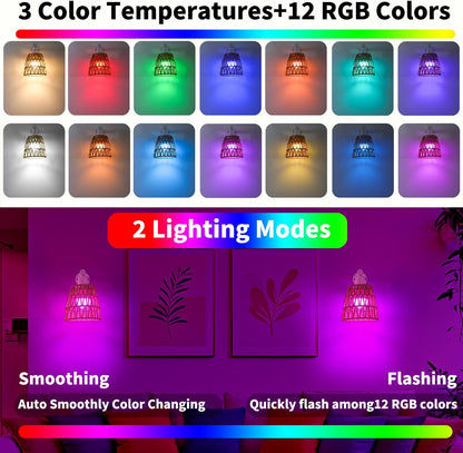Boho Battery Operated Wall Sconces, Rattan Wall Sconce Set of 2 with Remote, RGB 15 Colors Dimmable Rechargeable Wall Light, Black Indoor Wireless Wall Lamp, Farmhouse Rattan Wall Lighting for Bedroom