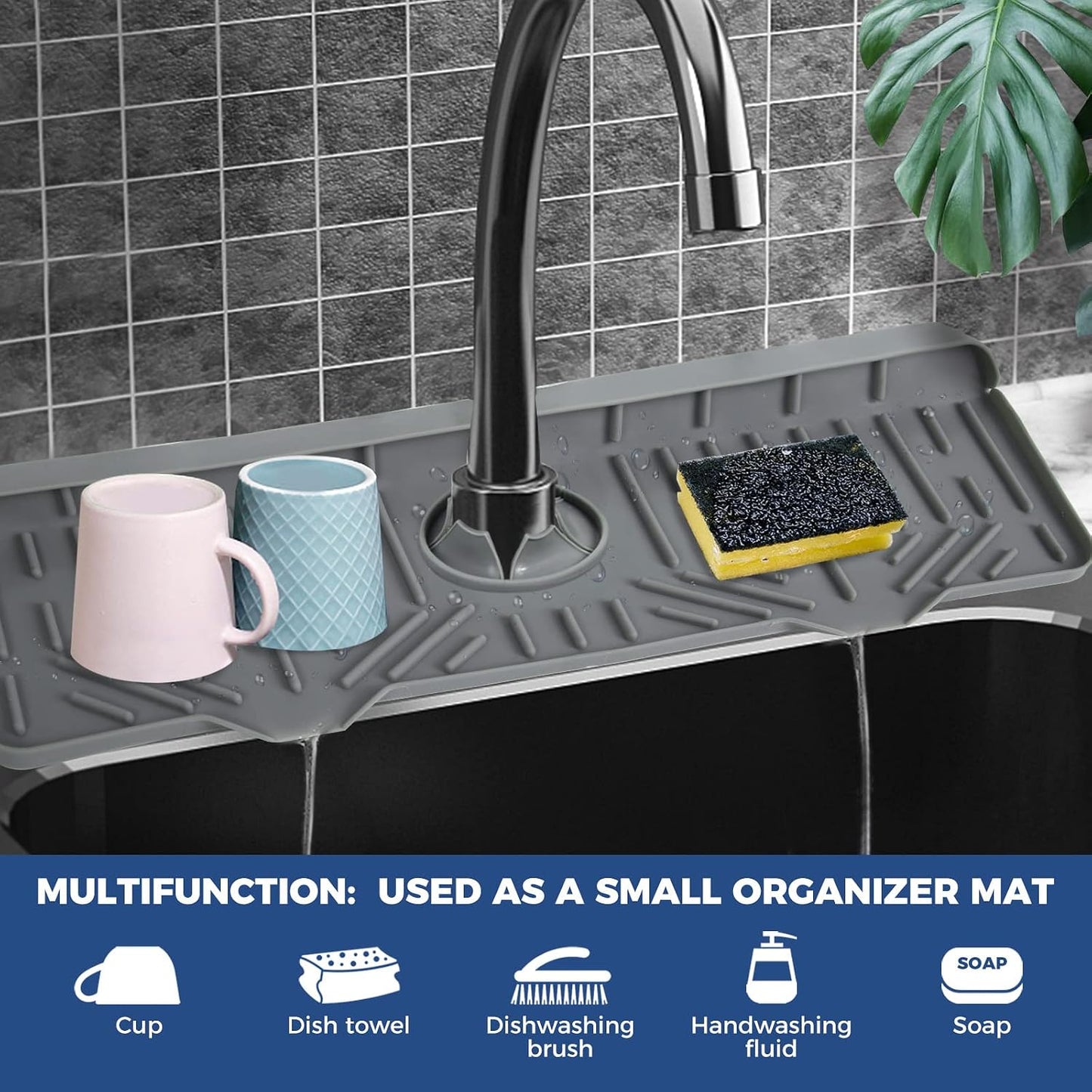 BFONS Silicone Faucet Handle Drip Catcher Drying Tray Mat Dish Soap Sponge Holder Accessories Gadgets for Kitchen Counter Bathroom Kitchen Sink Splash Guard -Grey