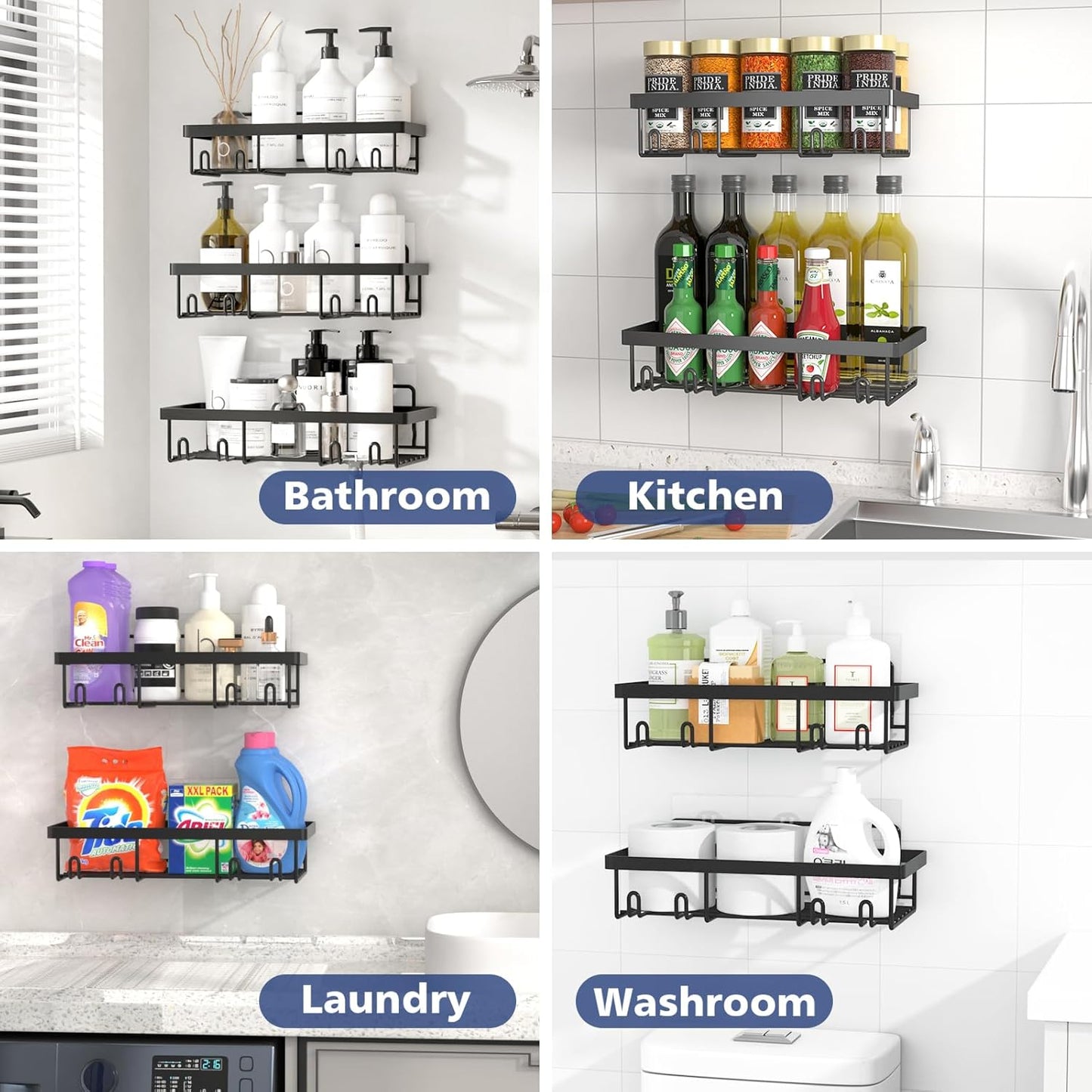 Liuoud 5 Pack Shower Caddy for Inside Shower, Gold Bathroom Storage Decor | Large Rustproof Stainless Steel Organizer with Strong Adhesive, No Drilling Wall Mounted Shelves, Bathroom Accessory Set