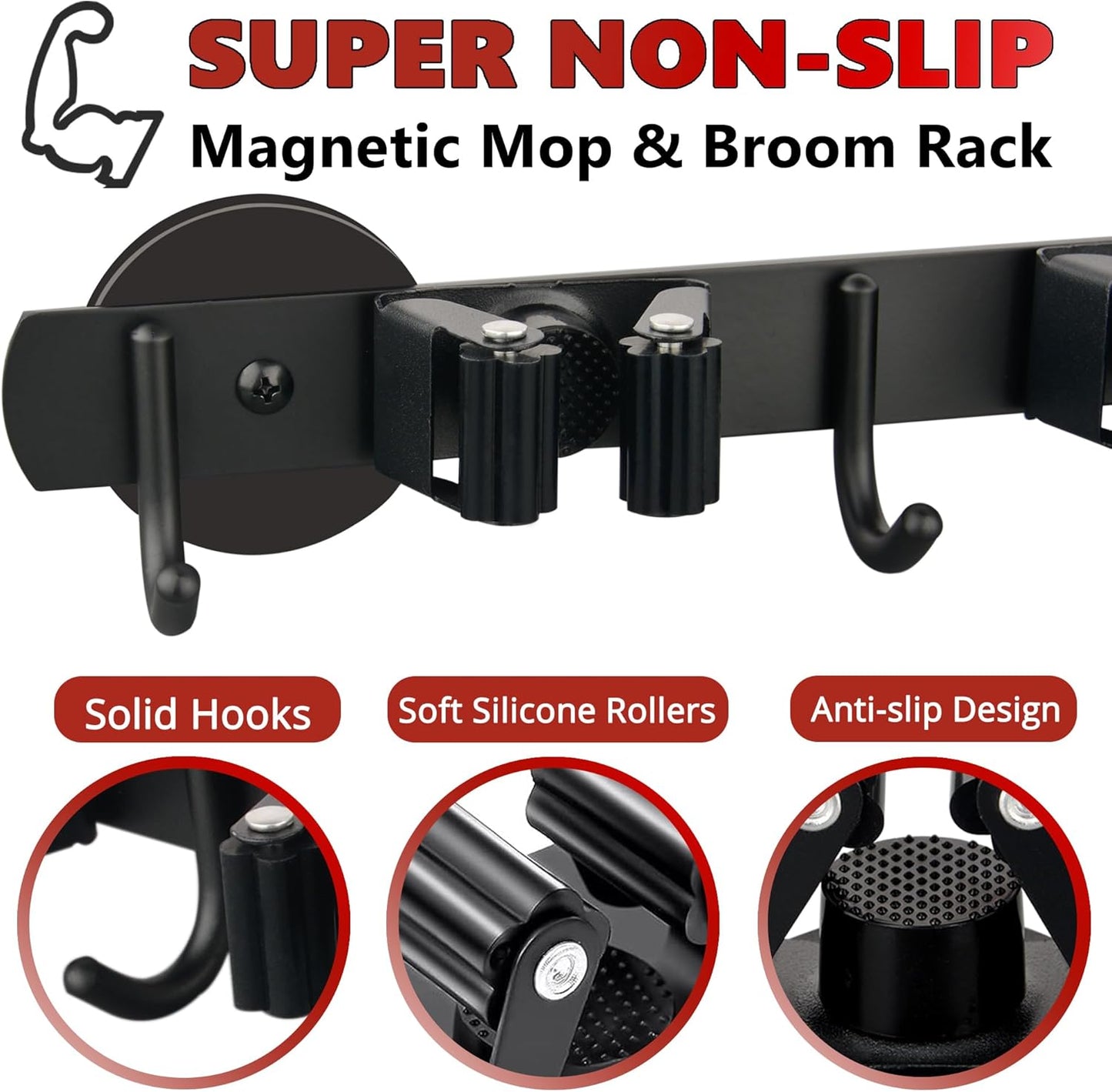 ULIBERMAGNET Magnetic Mop Broom Holder,Heavy Duty Movable Magnetic Broom Holder Rack,Anti-slip Wall Mounted Utility Storage Mop Shovel Gripper Hanger for Garage, Kitchen, Laundry, Garden(2 Pack/Black)