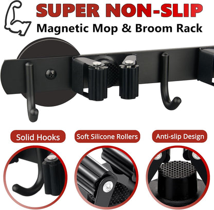 ULIBERMAGNET Magnetic Mop Broom Holder,Heavy Duty Movable Magnetic Broom Holder Rack,Anti-slip Wall Mounted Utility Storage Mop Shovel Gripper Hanger for Garage, Kitchen, Laundry, Garden(2 Pack/Black)