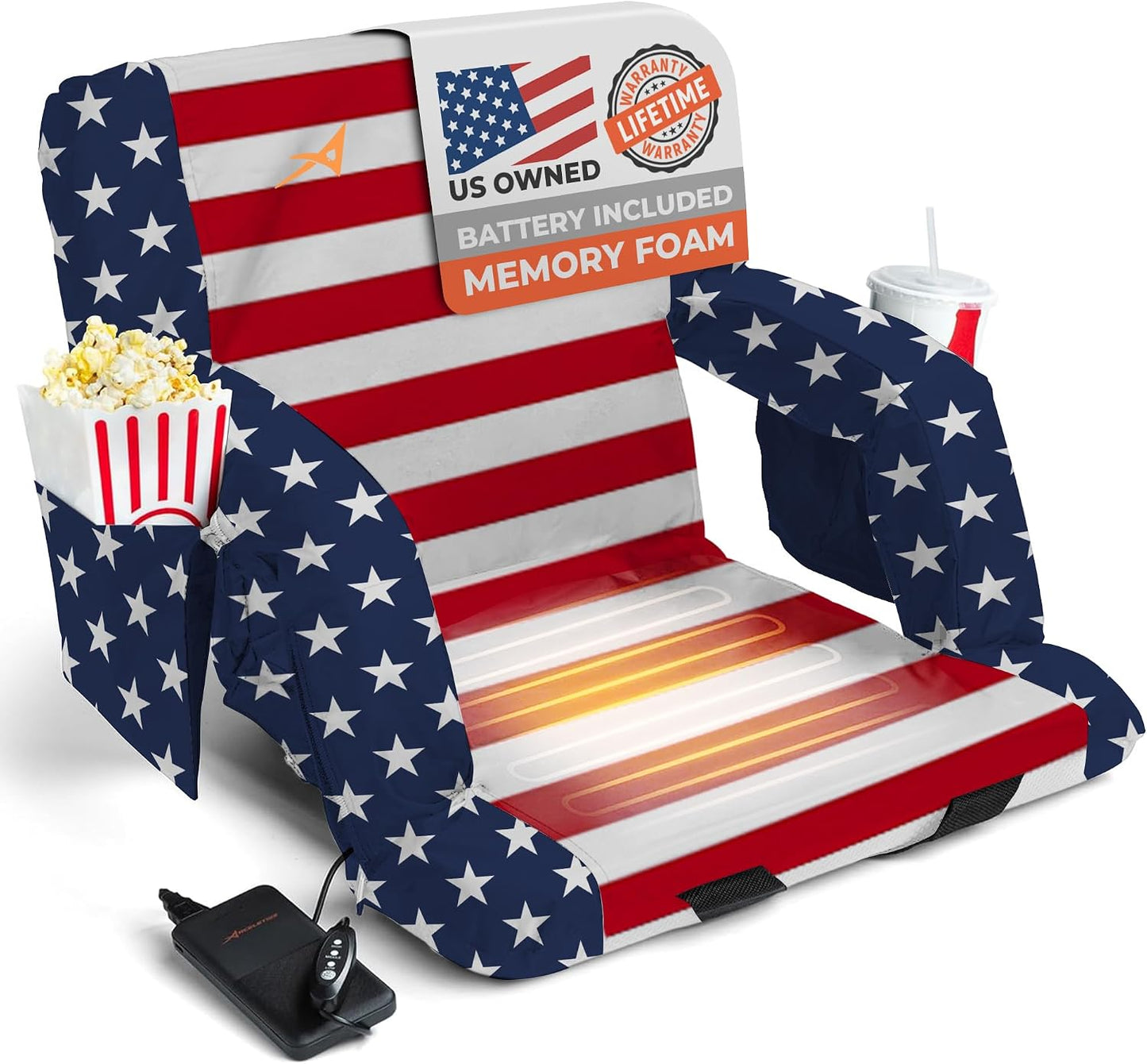 Heated Stadium Seats for Bleachers with Back Support – USB Battery Included - Upgraded 3 Levels of Heat - Foldable Chair - Cushioned, 4 Pockets for Snacks, Cup Holder - for Camping, Games & Sports