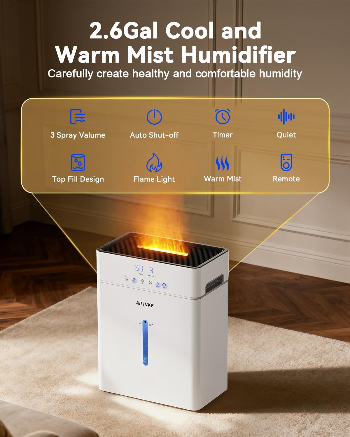 Humidifiers for Bedroom Large Room 10L/2.64Gal, Warm and Cool Mist Humidifier Large Room, Simulated Flame Humidifier Light, 12H Timer, 3 Speed, Top Fill, 1000sq.ft for Baby/Plant/Office | Warm and Cool Mist, 12H Timer, 3 Speed, Top Fill, 1000sq.ft for
