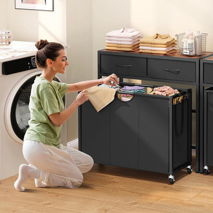 Laundry Sorter, Rolling Laundry Hamper with 3 Section Pull-Out Bags, Laundry Basket Organizer with 2 Drawers & 2-Tone Top Panel, Laundry Hamper with Wheels for Laundry Room Organization, Bathroom