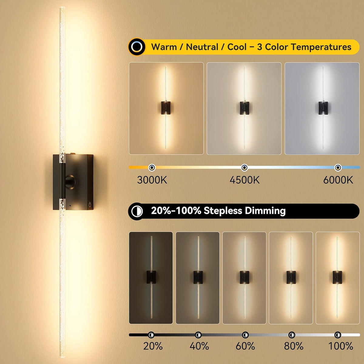 Battery Operated Wall Sconces Set of 2, Remote Control, 10000mAh, Black
