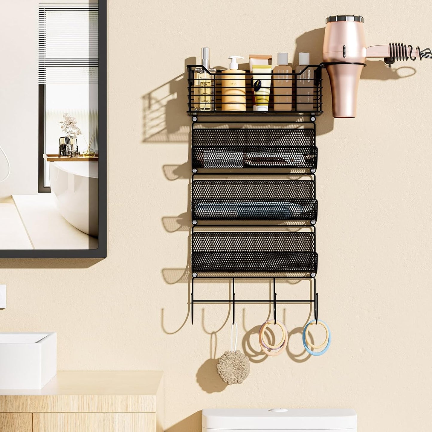 3 Tier Hair Tool Organizer Wall Mount, curling iron holder Basket, Black | Metal Mesh, Hair Dryer Holder, Bathroom Hair Styling Tool Organizer, Blow Dryer Holder, Hair Straightener Organizer