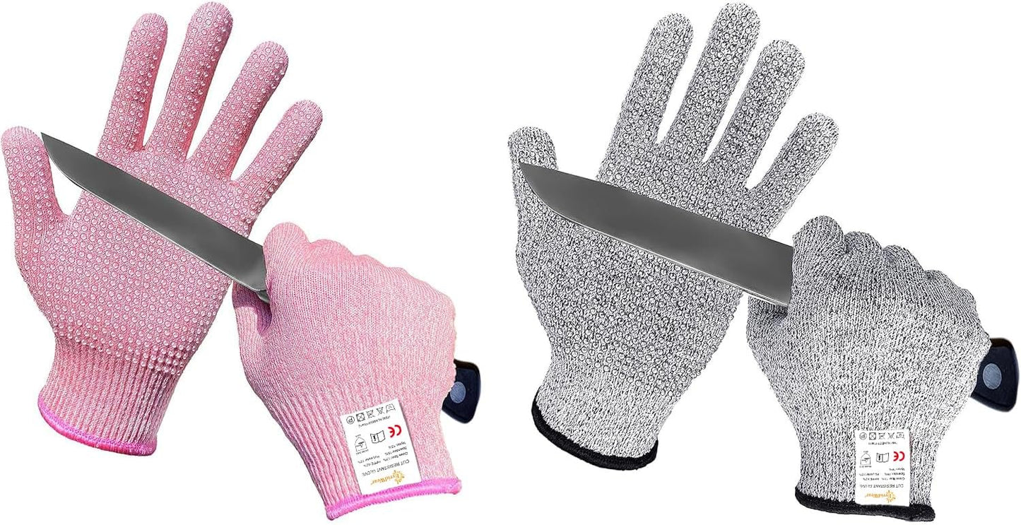 Evridwear Level 5 Cut Resistant Gloves with Non-Slip Grip, 2 Pairs | HPPE Material, Food Safe, Comfortable & Breathable, Kitchen, Crafting & DIY Projects(M, Pink+Gray)