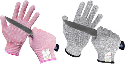 Evridwear Level 5 Cut Resistant Gloves with Non-Slip Grip, 2 Pairs | HPPE Material, Food Safe, Comfortable & Breathable, Kitchen, Crafting & DIY Projects(M, Pink+Gray)