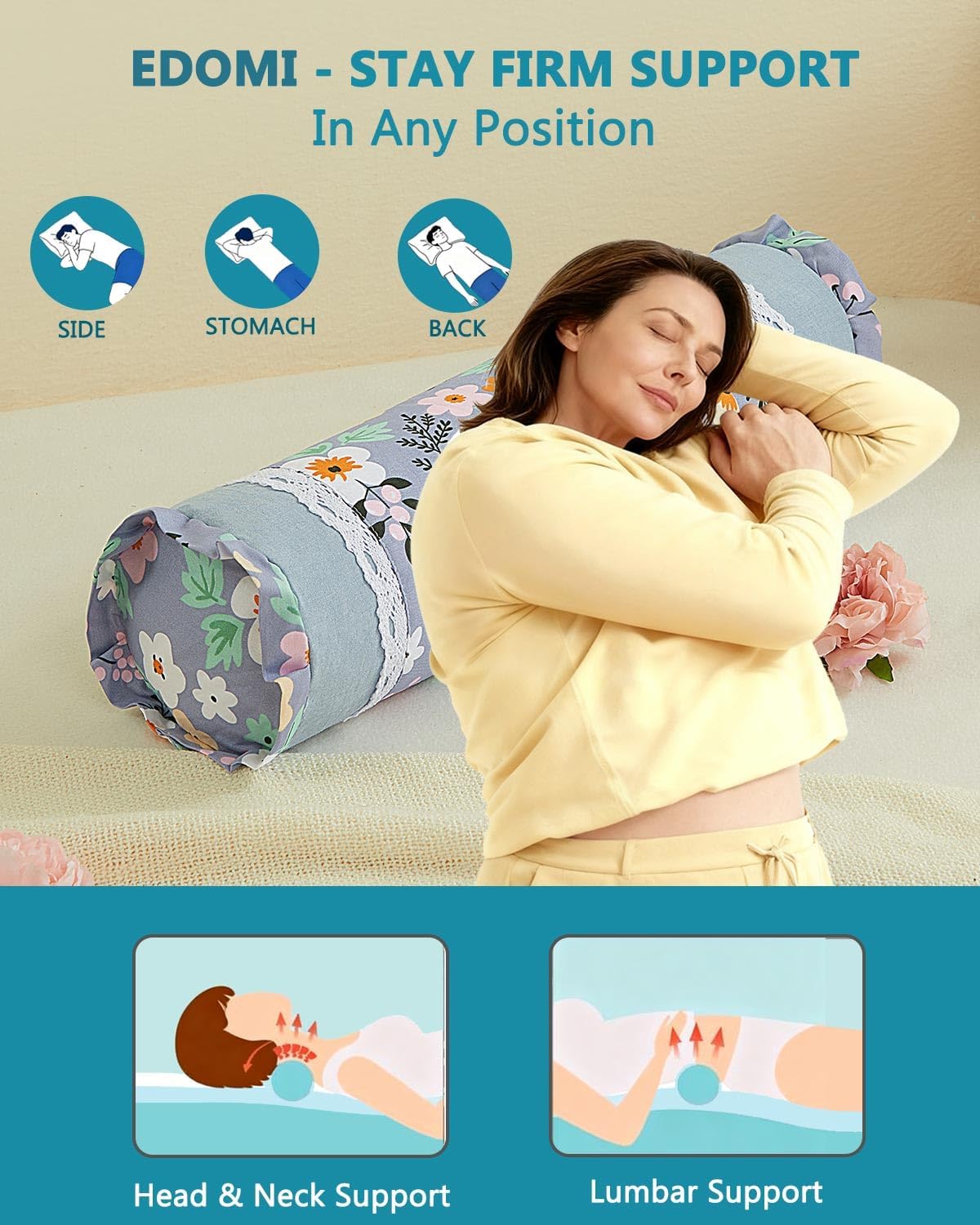 Buckwheat Cervical Pillow for Sleeping, Adjustable Roll Pillow for Neck Relief with Washable Pillowcase, Round Cylinder Bolster for Firm Support, 16x4 inch (Khaki)