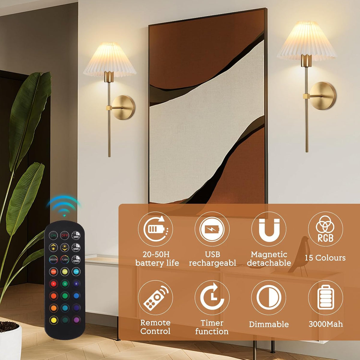 Rechargeable Battery Operated Wall Sconce Sets of 2, 15 Colors Wireless gooseneck Black Wall Lights Fixture with Dimmable Bulbs and Remote, Not Hardwired Wall Mounted Lamps for Bedroom Living Room