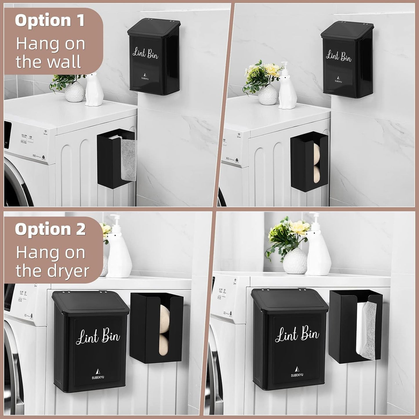 SUBEKYU Magnetic Lint Bin and Dryer Sheet Holder Set for Laundry Room,White | Wall Mounted Metal Lint Box Holder Trash Can,Lint Basket for Laundry Room Organization and Storage Decor