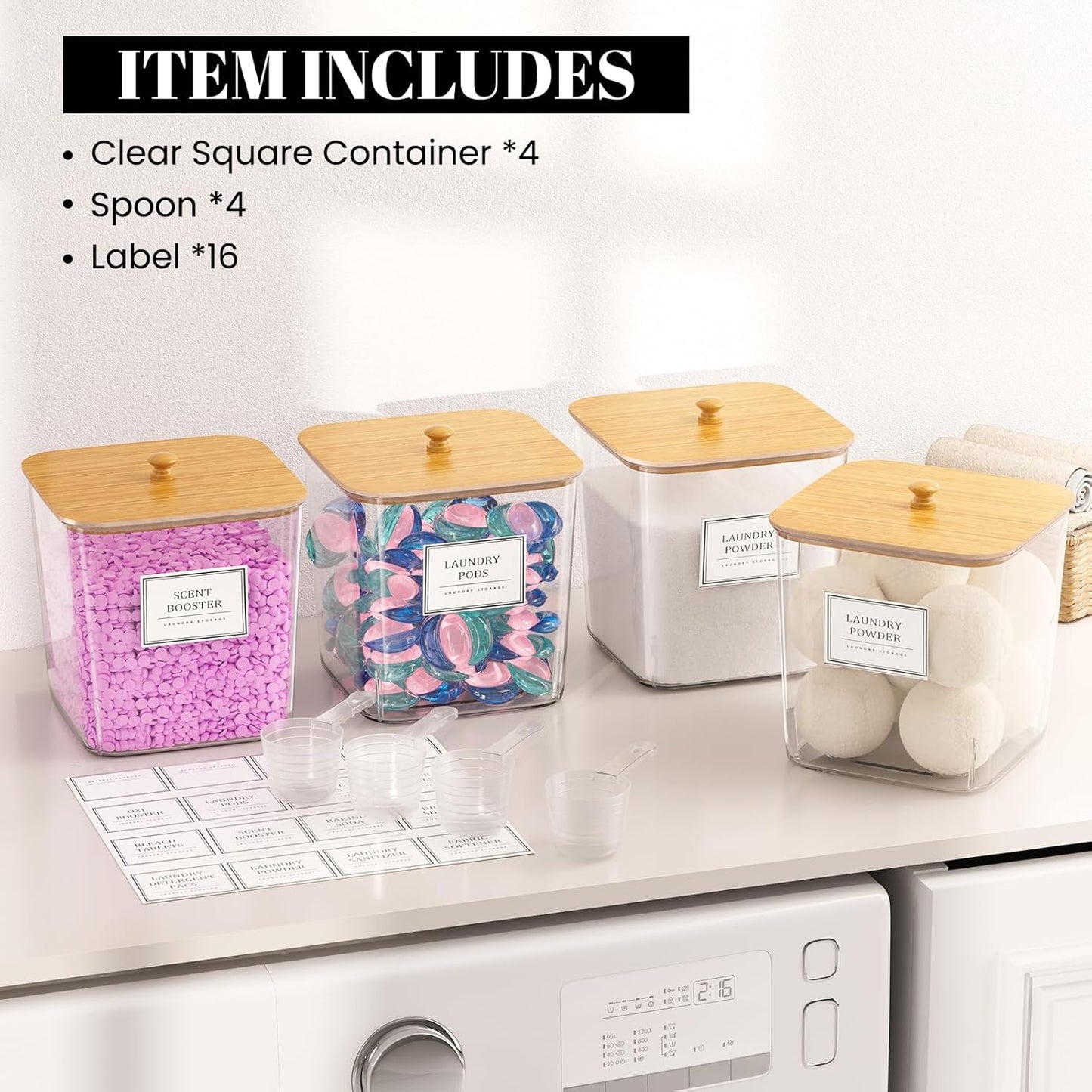 HomePekite Laundry Pods Storage Container, Clear Laundry Room Organization and Storage ,Detergent Powder Container,with Wooden Lids & Labels, 3+1 Pack