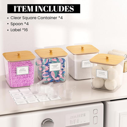 HomePekite Laundry Pods Storage Container, Clear Laundry Room Organization and Storage ,Detergent Powder Container,with Wooden Lids & Labels, 3+1 Pack