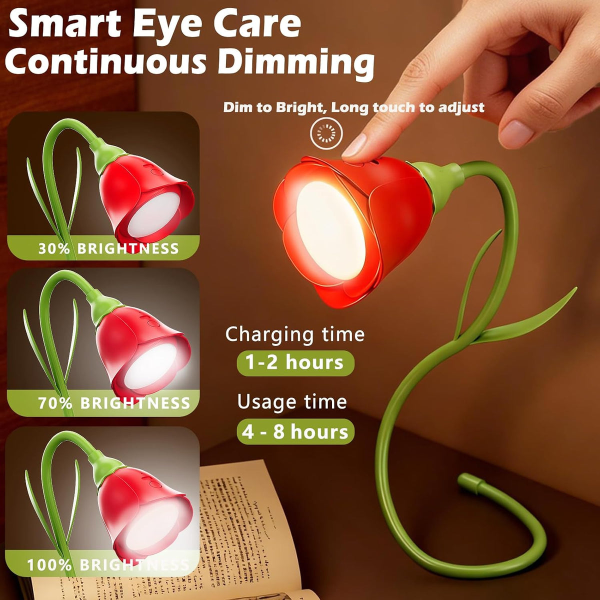 Rose Flower Lamp Rechargeable Reading Light for Bed,3-Color Modes Adjustable Brightness Small Night Light Neck Reading Light,Festival Gifts for Kids Mom Girlfriend Grandma(Orange-red)