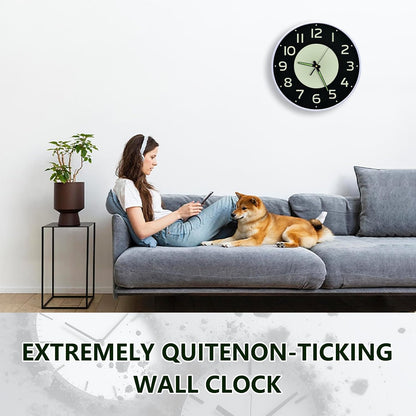 12'' Glow in the Dark Wall Clock,Silent & Easy to Read | Battery Operated Non-Ticking Easy to Install Analog Wall Clocks for Living Room Kitchen Office Bedroom