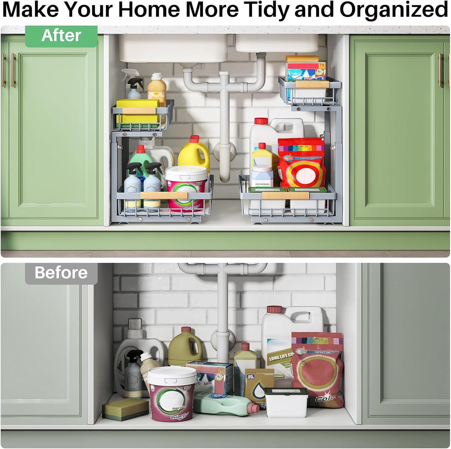 Kitstorack Under Sink Organizer, 2 Tier Under the Sink Storage, Slide out Pull out Cabinet Organizer Shelf, Metal Sliding Drawer for Kitchen Bathroom Pantry Closet Organization Rack, Black, 2 Pack