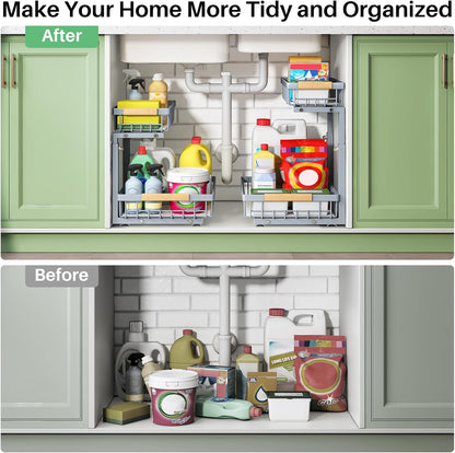 Kitstorack Under Sink Organizer, 2 Tier Under the Sink Storage, Slide out Pull out Cabinet Organizer Shelf, Metal Sliding Drawer for Kitchen Bathroom Pantry Closet Organization Rack, Black, 2 Pack