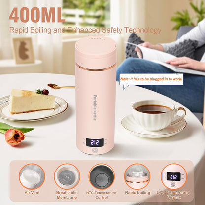 Touxila Portable Electric Kettle for Travel 120V, 13.5oz, 4 Temp Settings | 304 Stainless Steel Lining,Fast Boiling Water,Auto Shut-Off,Boil Dry Protection,Small Kettle for Office & Hotel(Beige, 400ML)