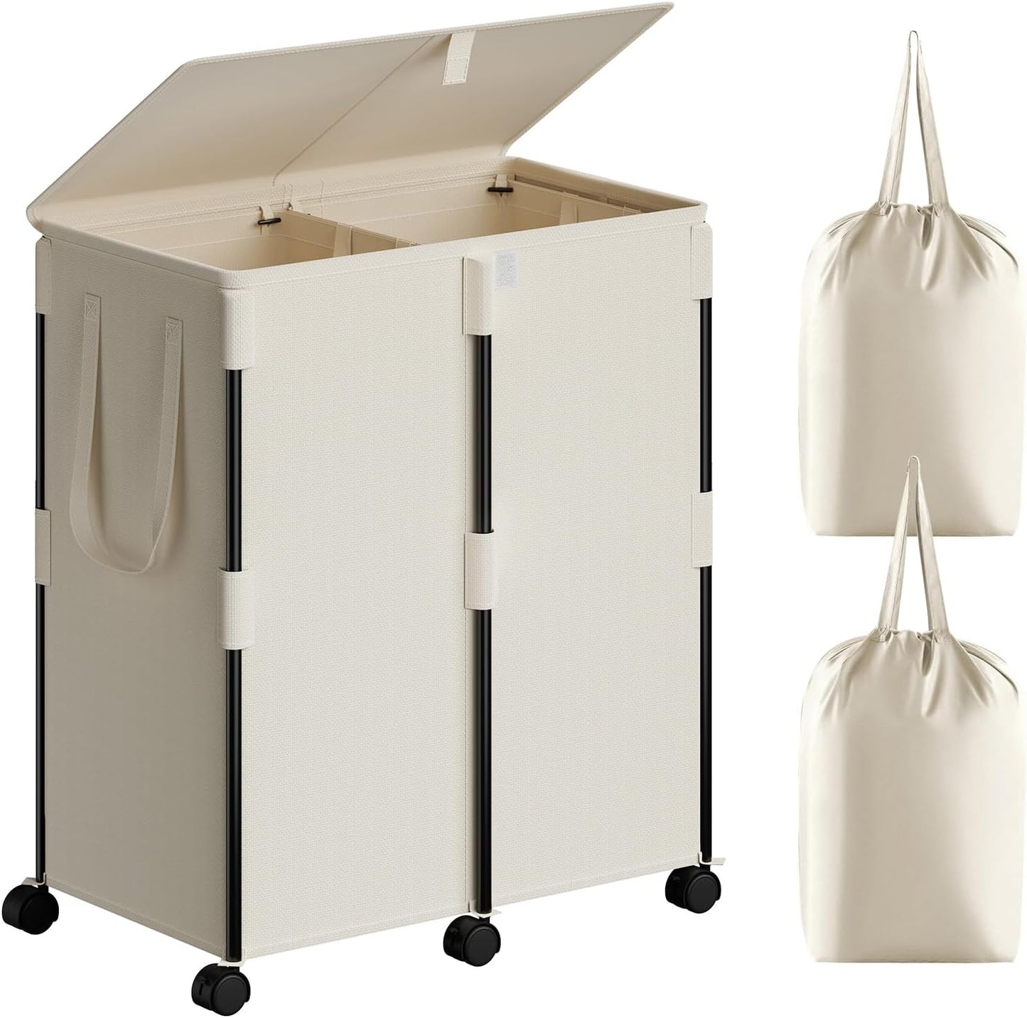 140L Double Laundry Hamper with Lid and 6 Wheels, Rolling Laundry Basket | Gasvadivum Metal Frame Laundry Sorter 2 Section with 2 Removable Bags, Large Clothes Cart for Bedroom, Bathroom, Black