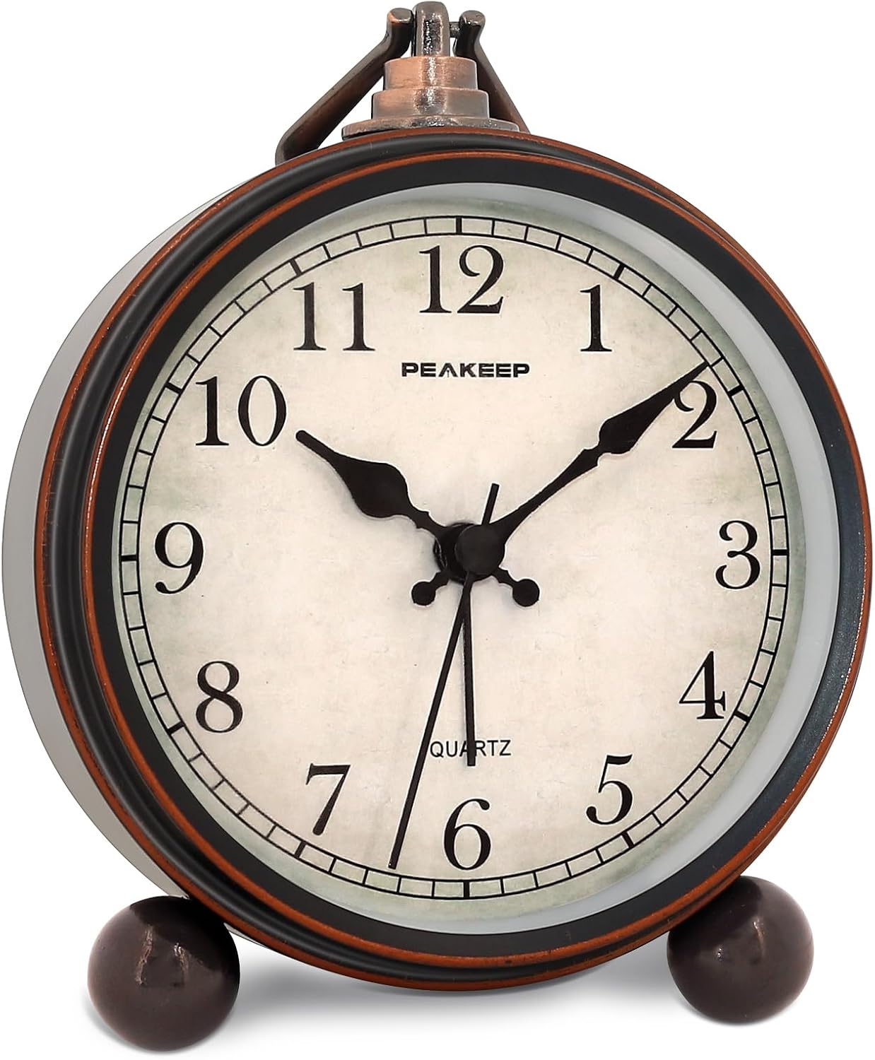 Peakeep 4" Small Battery Operated Antique Retro Analog Alarm Clock | with Contour Lines in Gold for Room Decor, Silent Elegant Bedside Desk Table Gift Clock