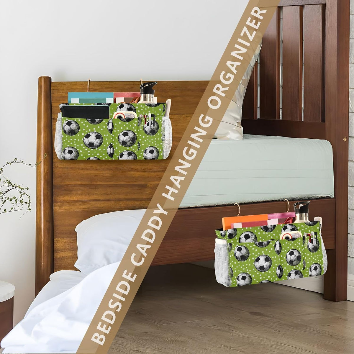 Bedside Caddy Hanging Bunk Bed Caddy Bed Organizer Hanging Pocket with 2 Hooks Bedside Storage Organizer Pocket Bag Holder Checkered Light Green - Colors B