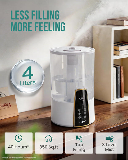 YOKEKON Humidifiers for Bedroom,1.06Gal(4L) Dishwasher Safe Design Easy to Clean,Top Fill,Night Light,Aroma Diffuser,Humidity Control,12H Timer,Sleep Mode,3 Level Mist,360° Nozzle,Home,Nursery,Black