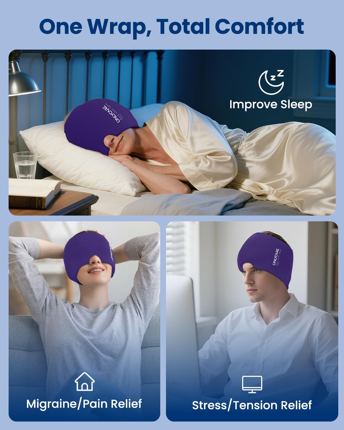 ONLYCARE Migraine Relief Cap, Headache Relief Cold Cap for Migraine Relief | Soothing Headache Ice Face Pack Mask, Cold Compress Head Wrap for Sinus, Tension, Stress, Hangover, Self Care Gifts for Women